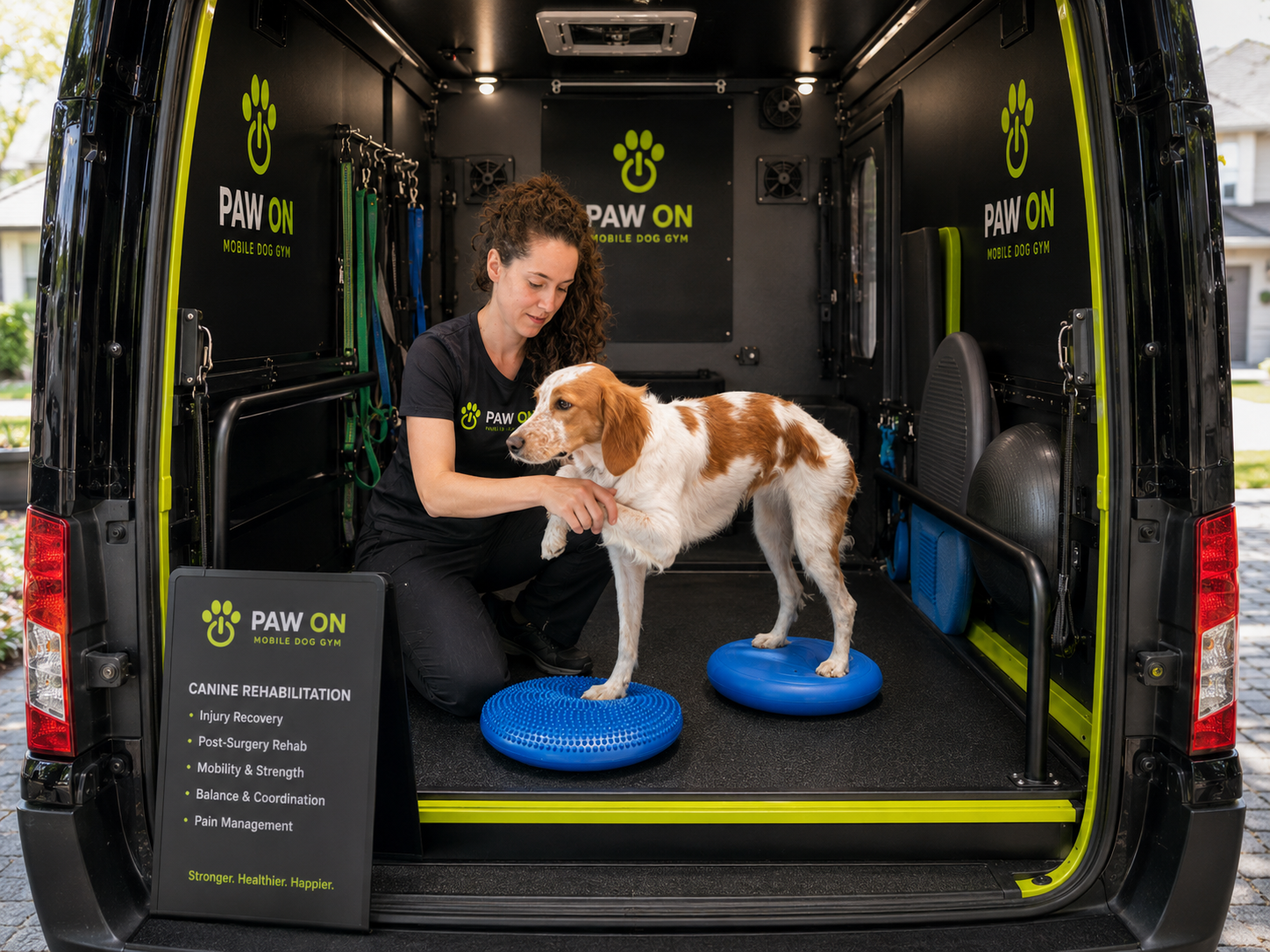 Entrenadora con perro dentro de la unidad móvil